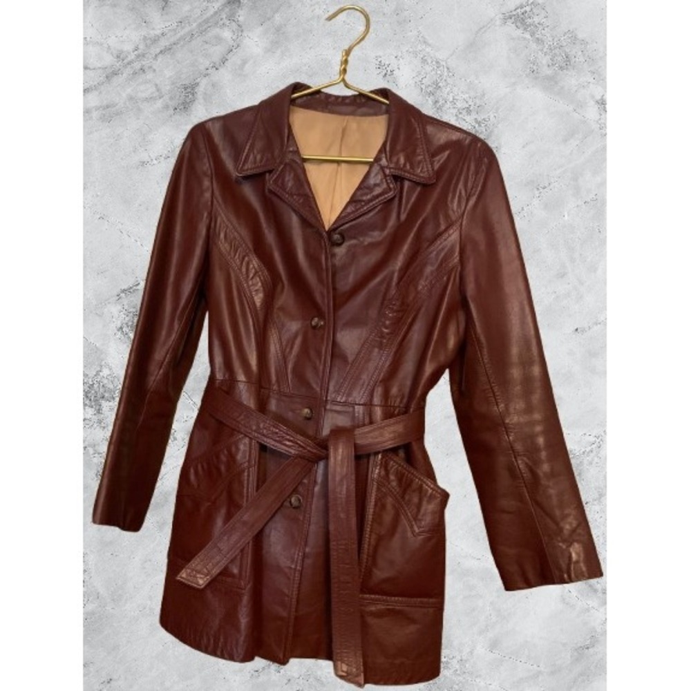 Vintage Kirk's Suede-Life Burgundy Leather‎ Trench Coat Belted Jacket Size 14